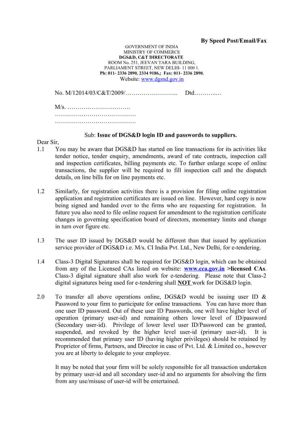 Sub :Issue of DGS&D Login and Passwords ID to Suppliers