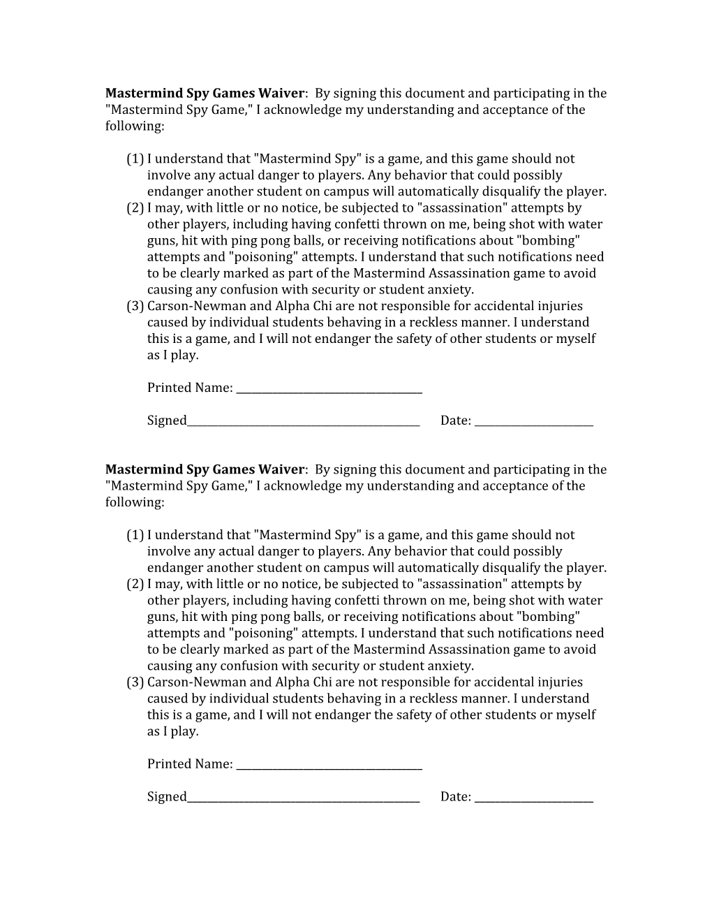 Mastermind Spy Games Waiver : by Signing This Document and Participating in the Mastermind