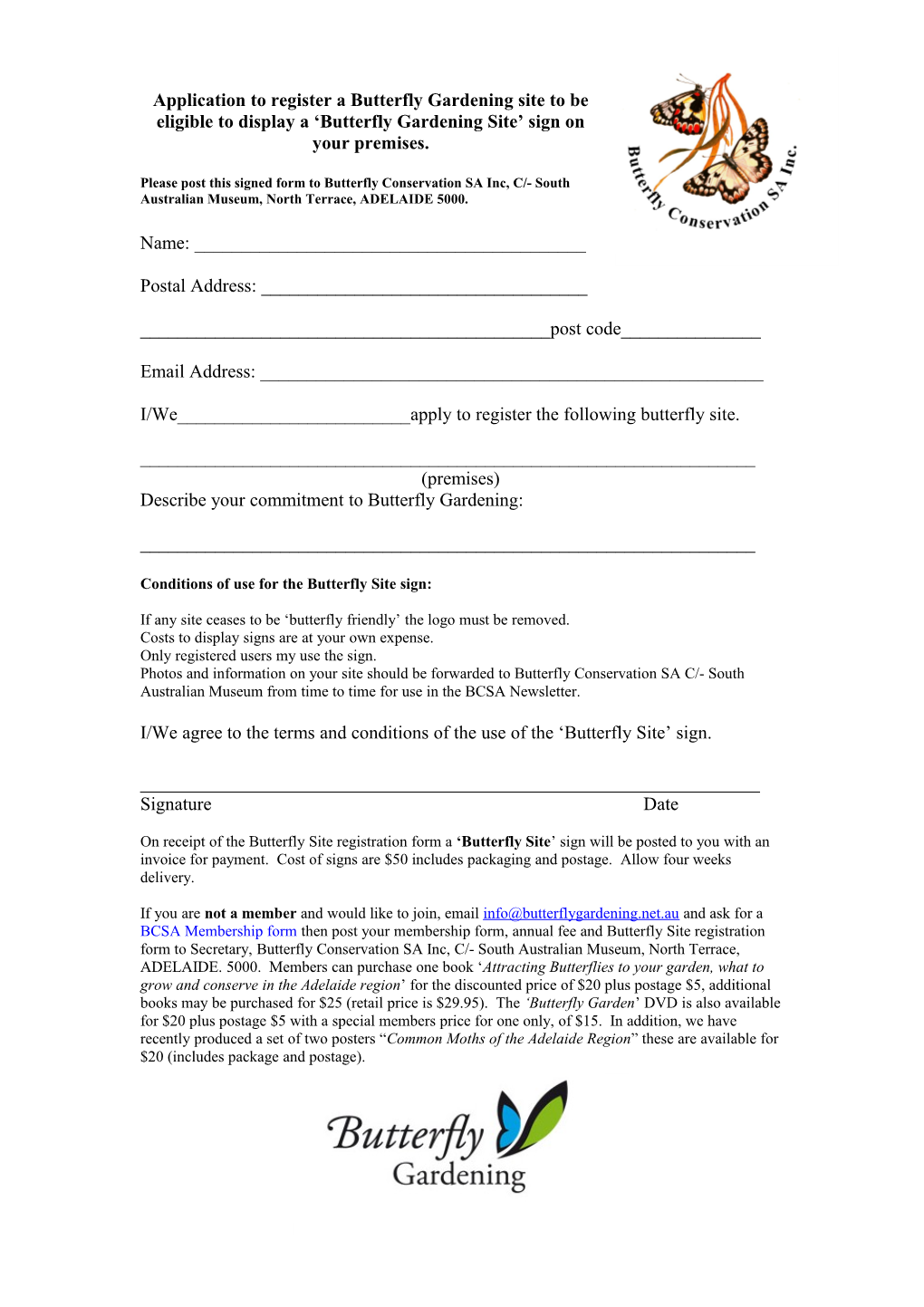 Application to Register a Butterfly Gardening Site to Be Eligible to Display a Butterfly