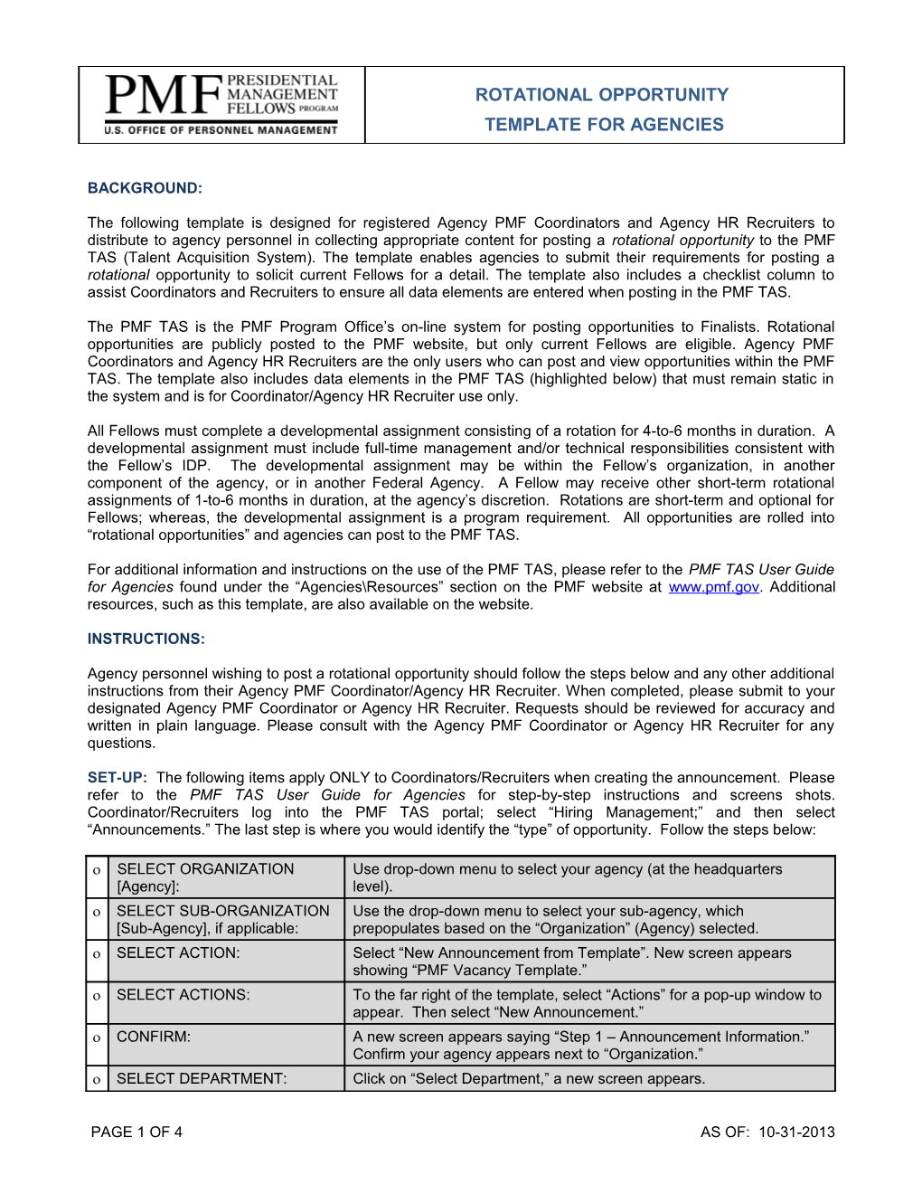 The Following Template Is Designed for Registered Agency PMF Coordinators and Agency HR