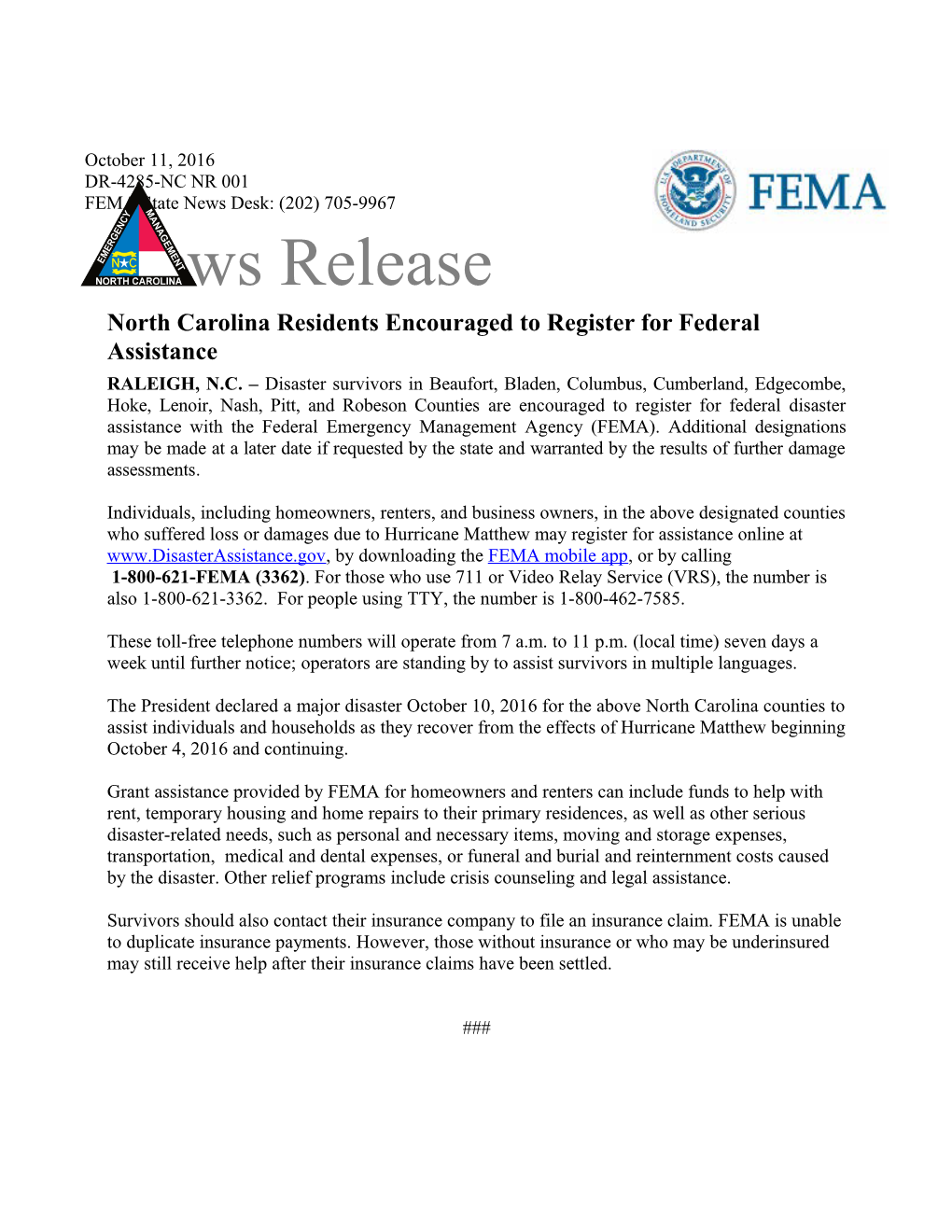North Carolina Residents Encouraged to Register for Federal Assistance