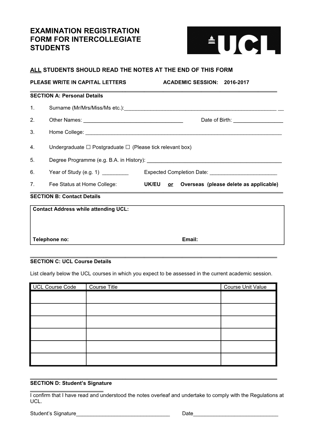 Examination Entry Form for Non-Registered Students
