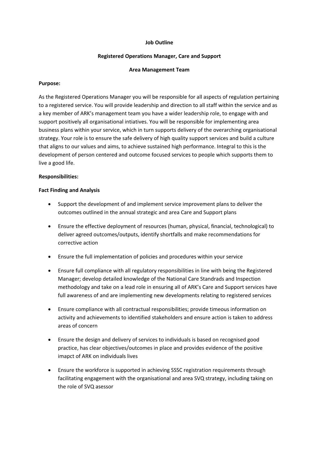 Registered Operations Manager,Care and Support