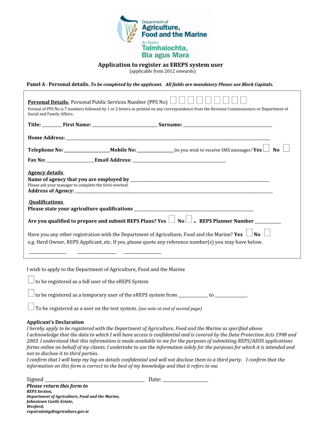 Application to Register As EREPS System User