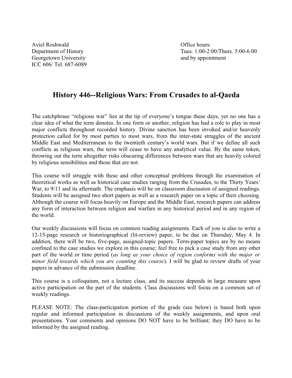 History 446 Religious Wars: from Crusades to Al-Qaeda