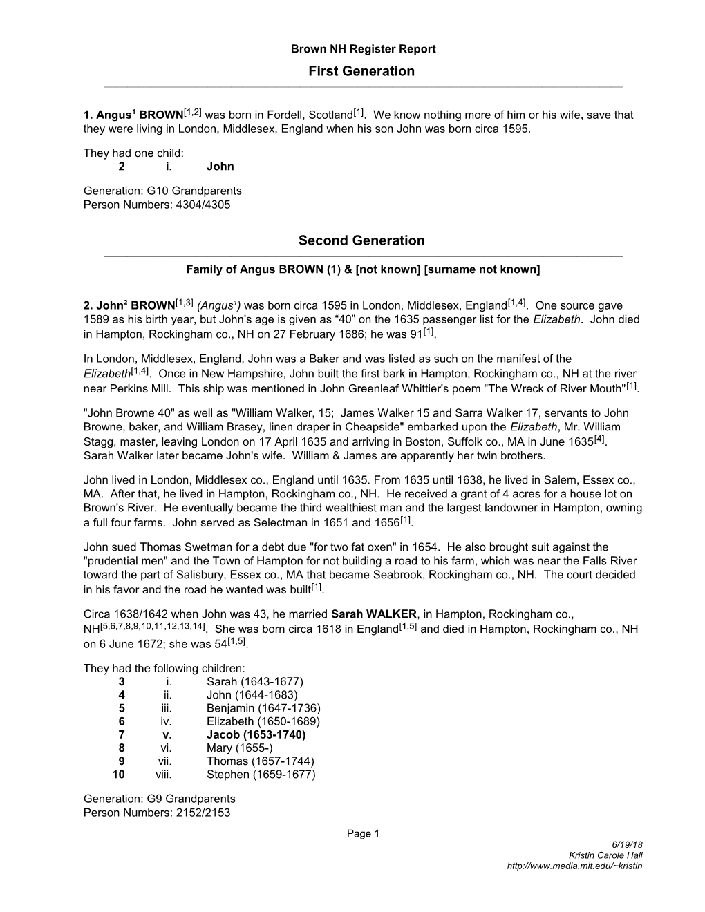 Brown NH Register Report