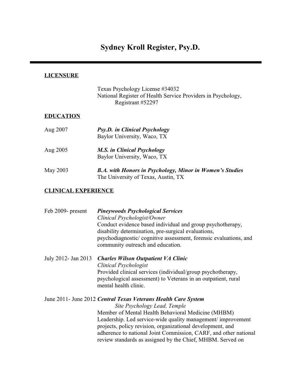 Sydney Kroll Register, Psy.D