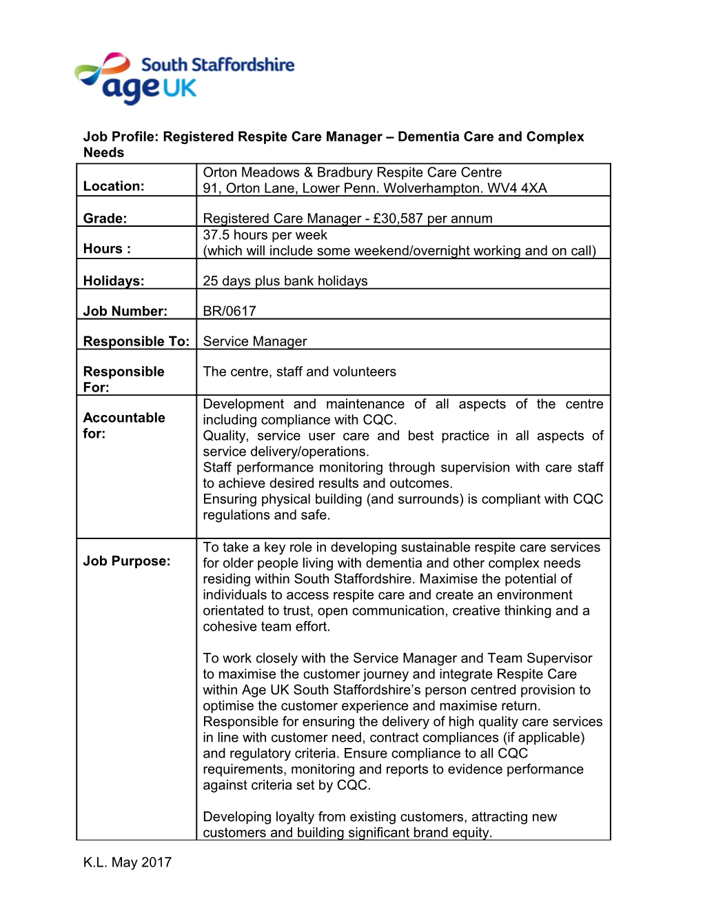 Job Profile: Registered Respite Care Manager Dementia Care and Complex Needs