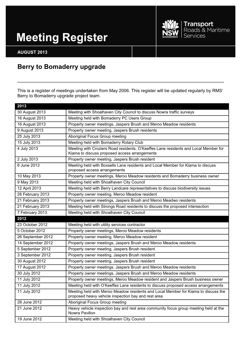 FBB Meeting Register August 2013