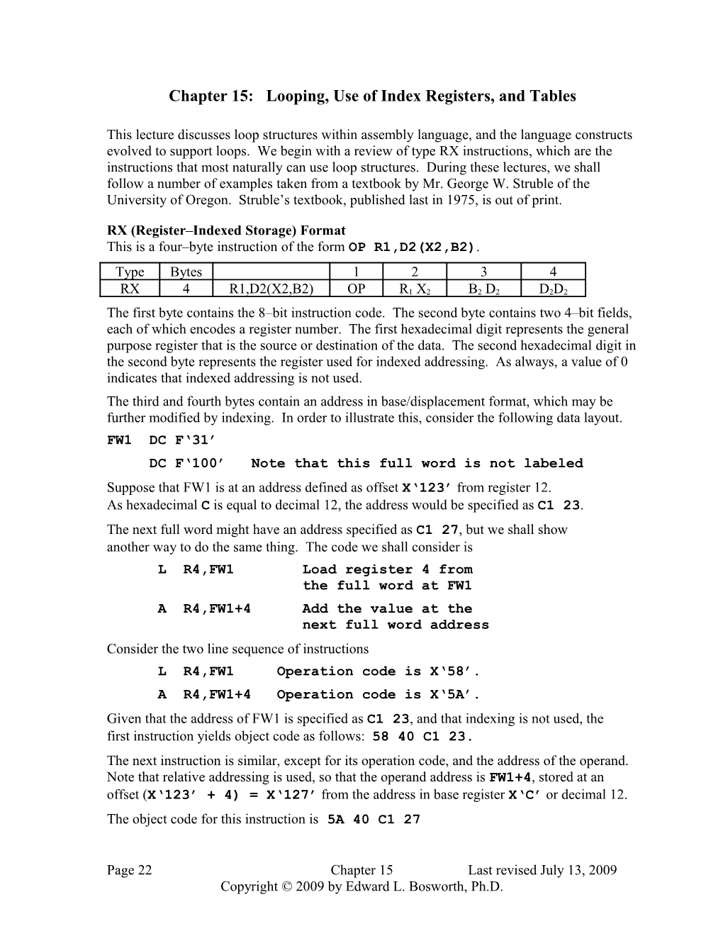 Looping and Use of Index Registers