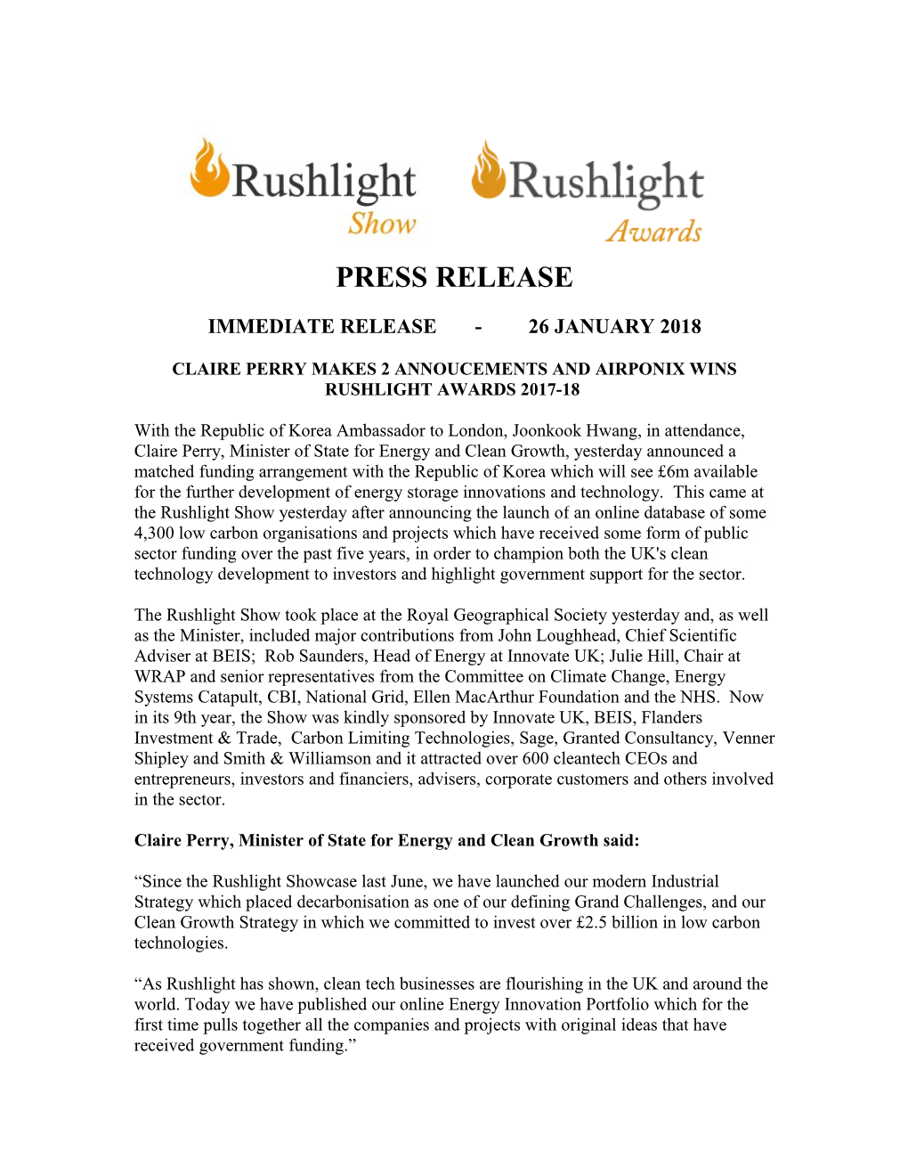 Claire Perry Makes 2 Annoucements and Airponix Wins Rushlight Awards 2017-18