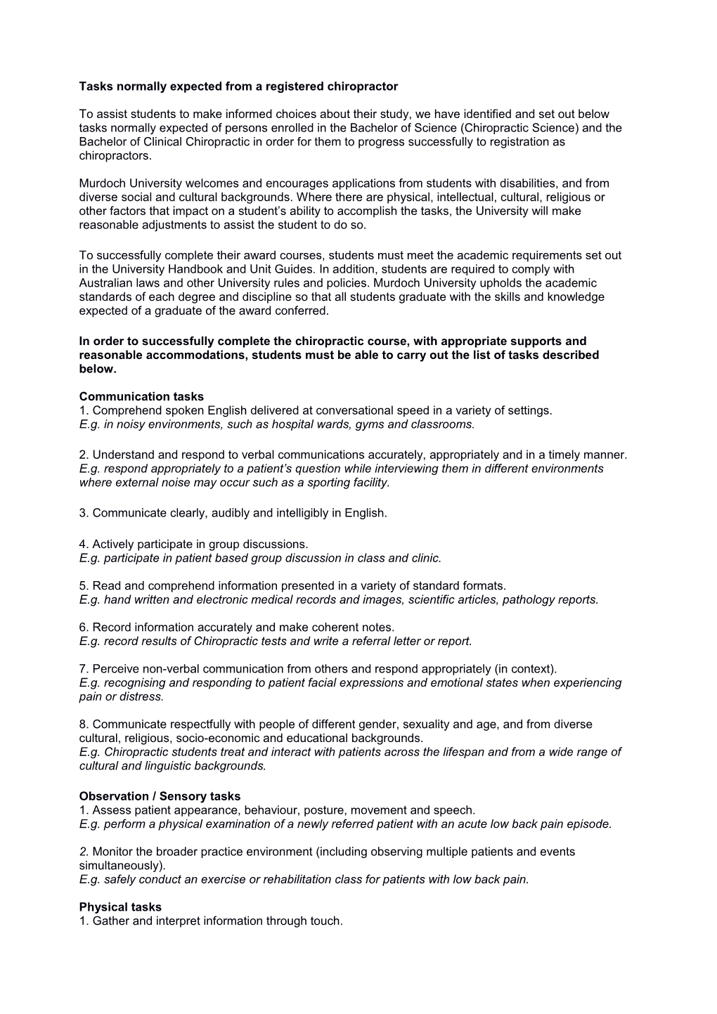 Tasks Normally Expected from a Registered Chiropractor