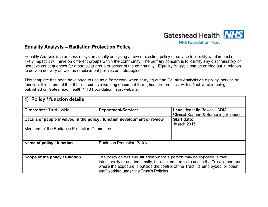 Equality Analysis Radiation Protection Policy