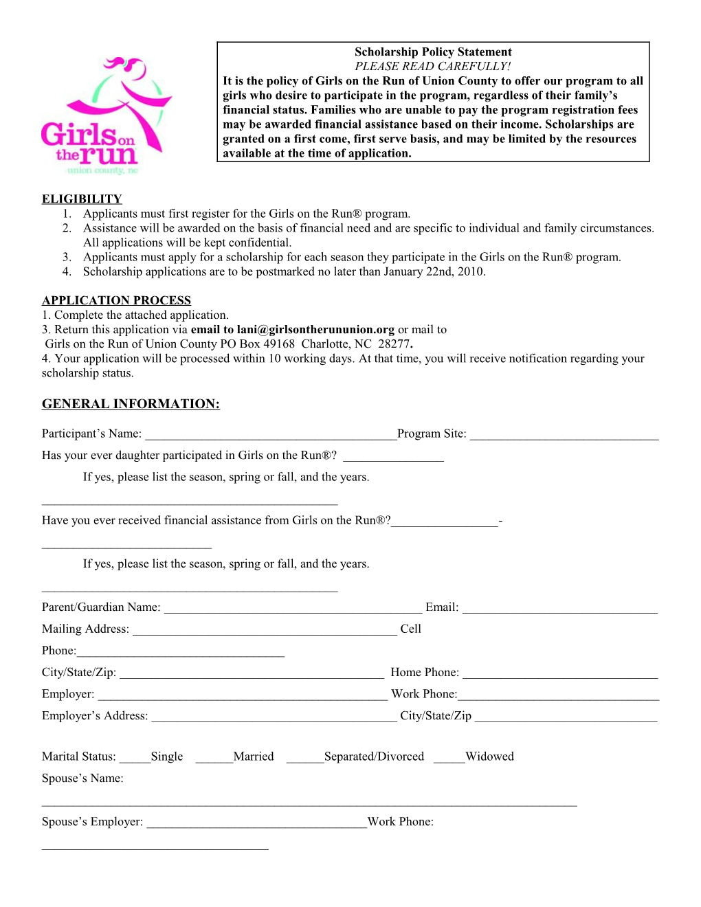 Applicants Must First Register Forthe Girls on the Run Program