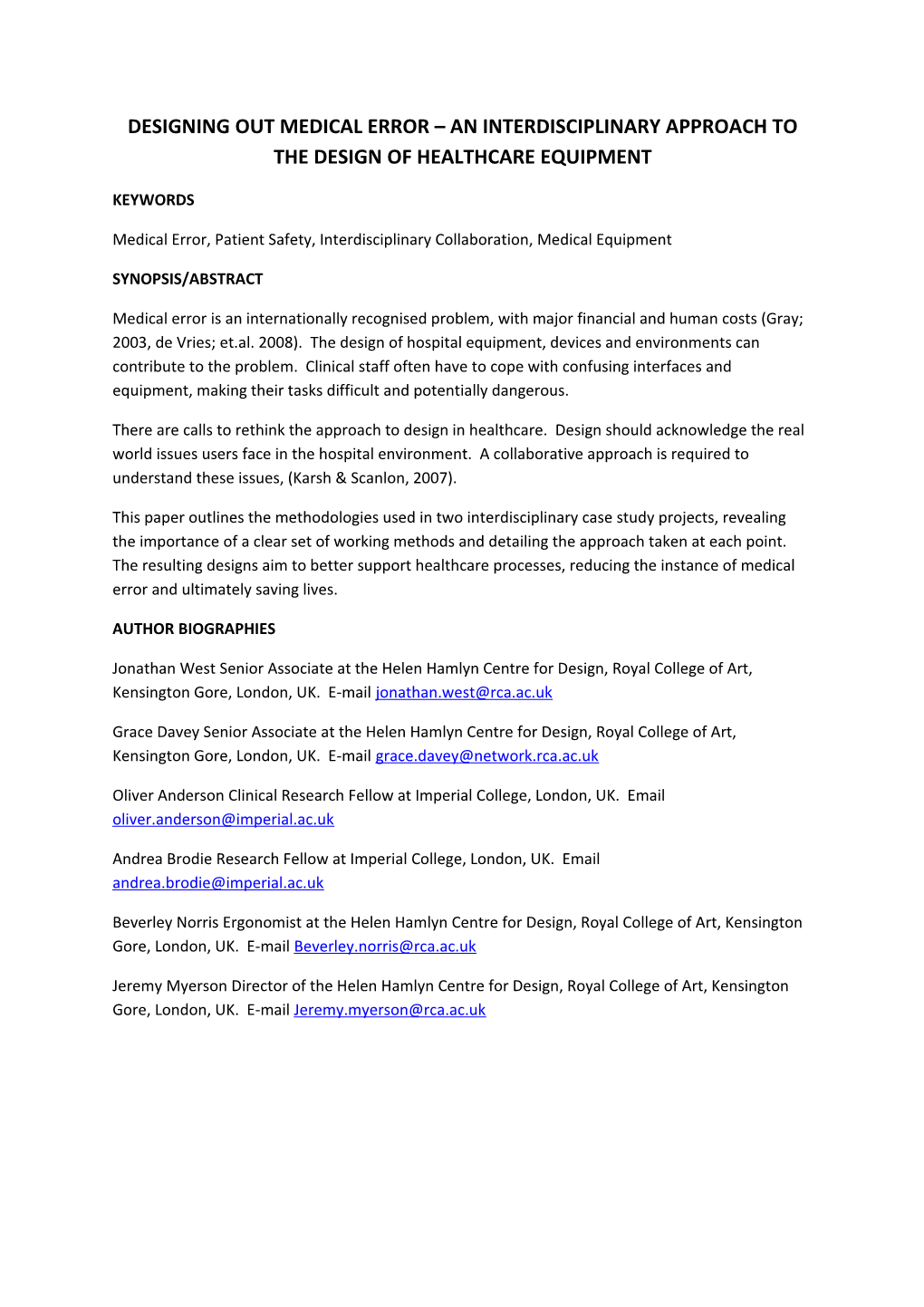 Designing out Medical Error an Interdisciplinary Approach to the Design of Healthcare