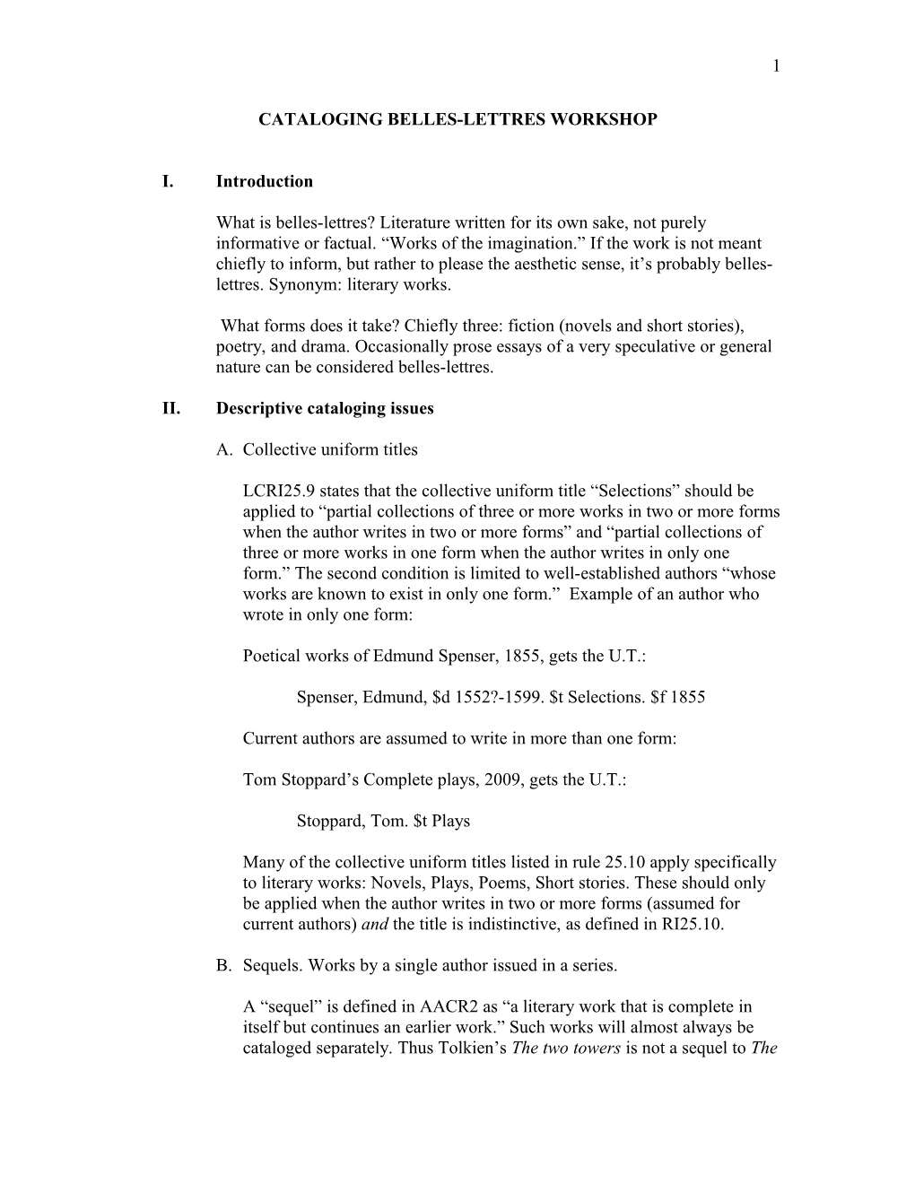 Outline of Cataloging Belles-Lettres Workshop