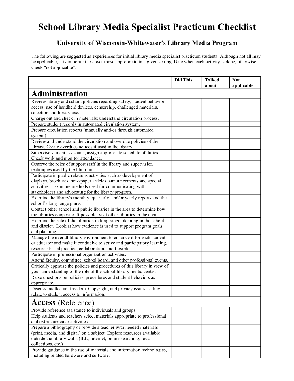 901 School Library Media Specialist Intern Checklist