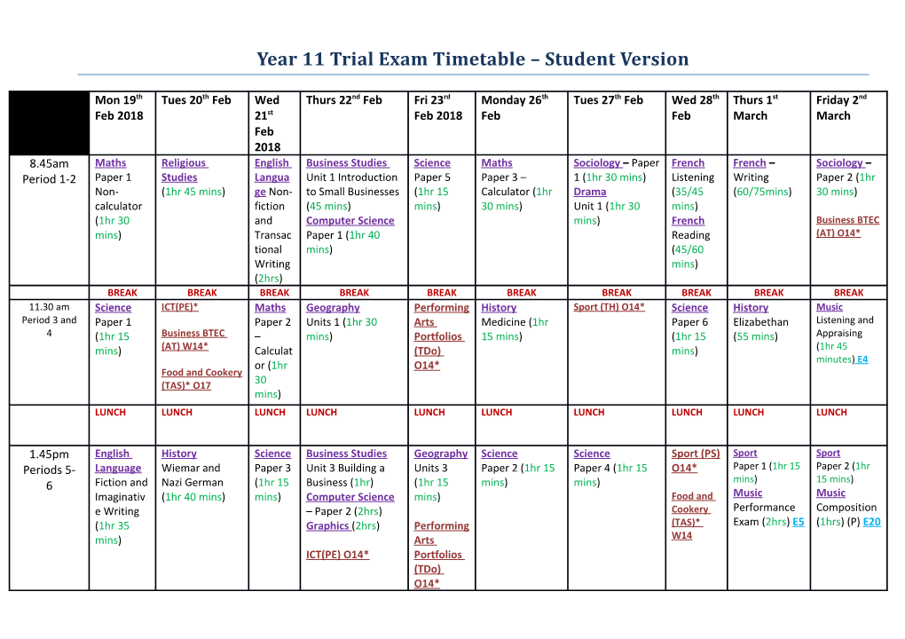 Year 11 Trial Exam Timetable Student Version