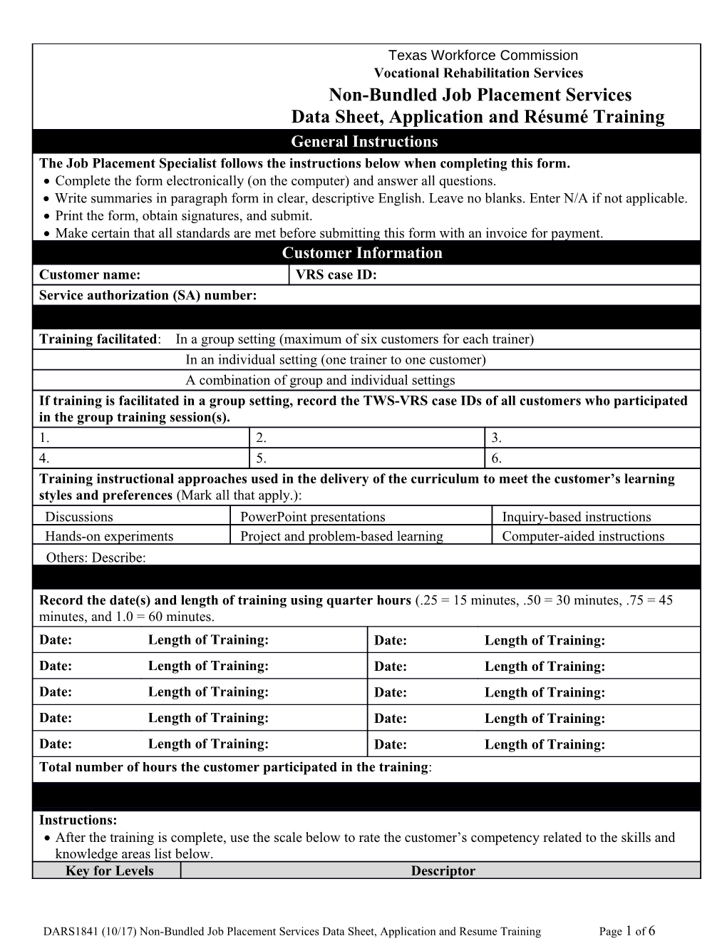 DARS1841 Non-Bundled Job Placement Services Data Sheet, Application and Resume Training