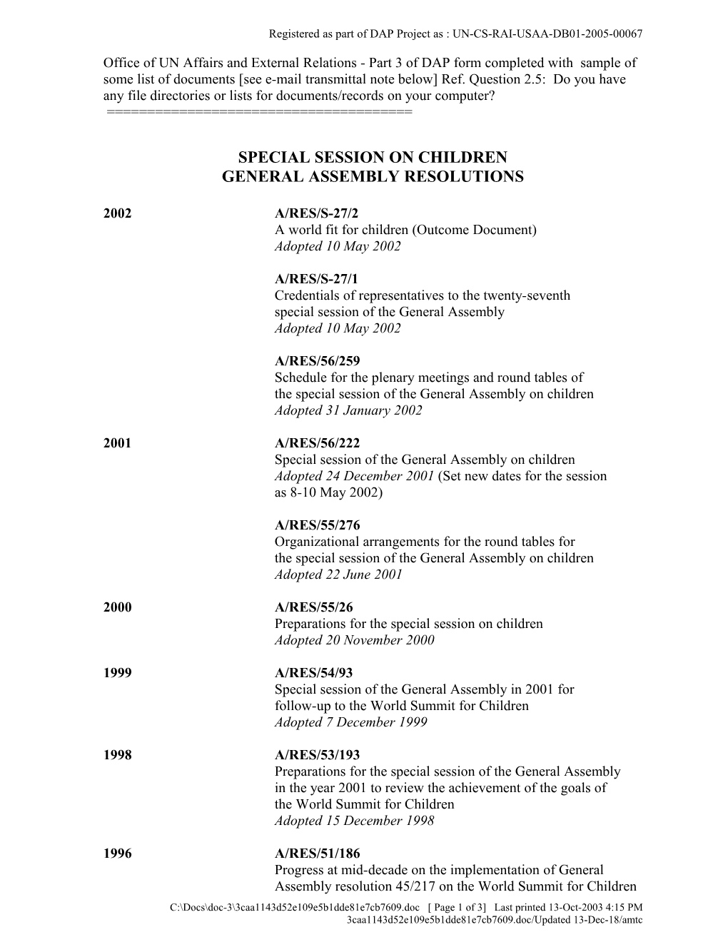 Registered As Part of DAP Project As : UN-CS-RAI-USAA-DB01-2005-00067