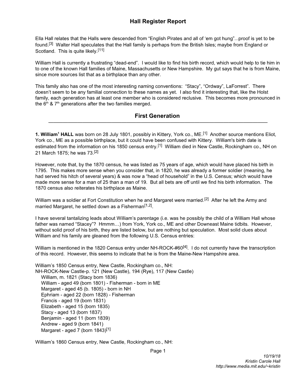 Hall Register Report