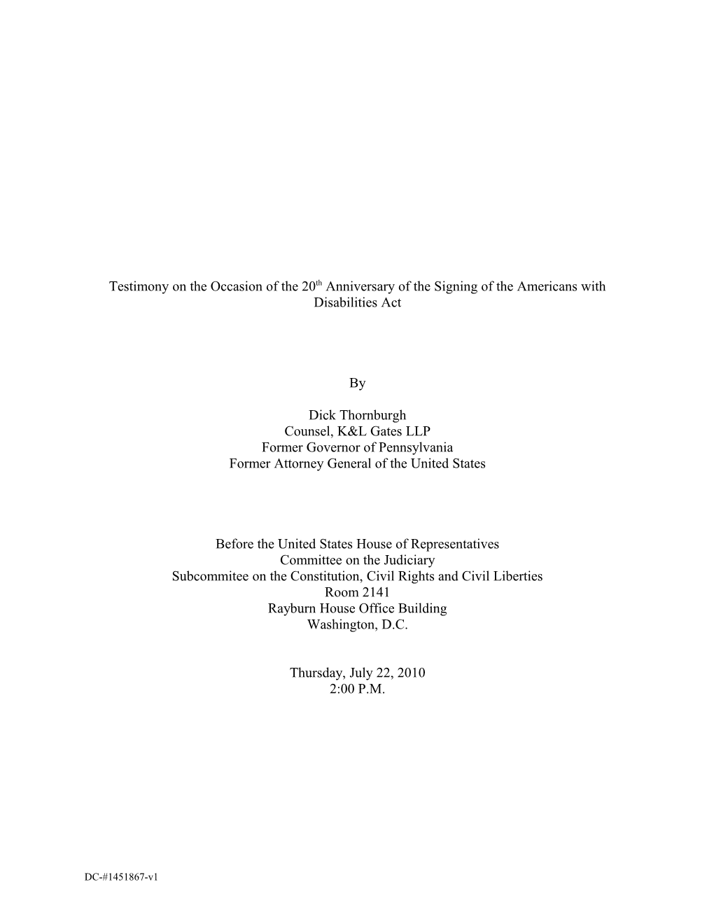 Testimony on the Occasion of the 20Th Anniversary of the Signing of the Americans With