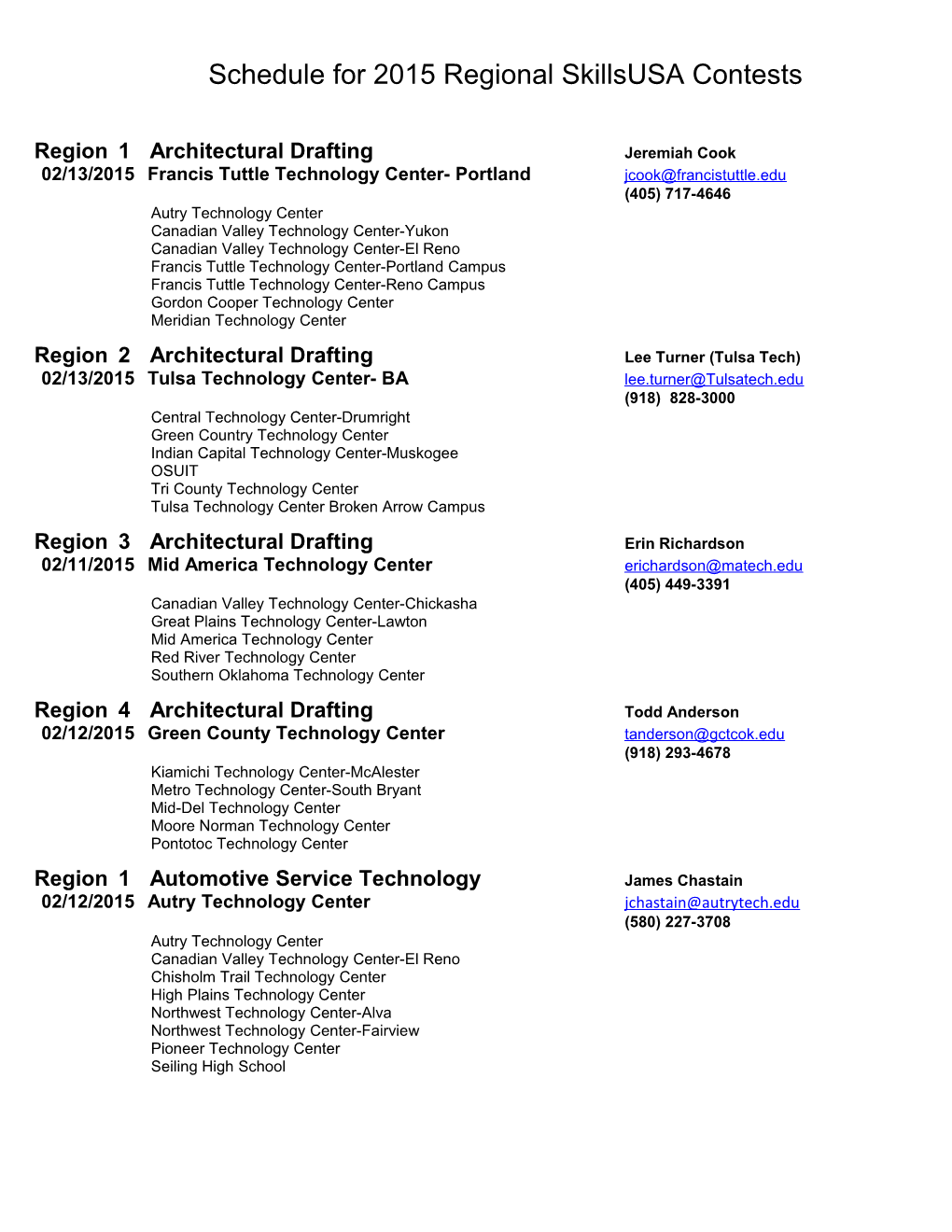 Schedule for 2015 Regional Skillsusa Contests