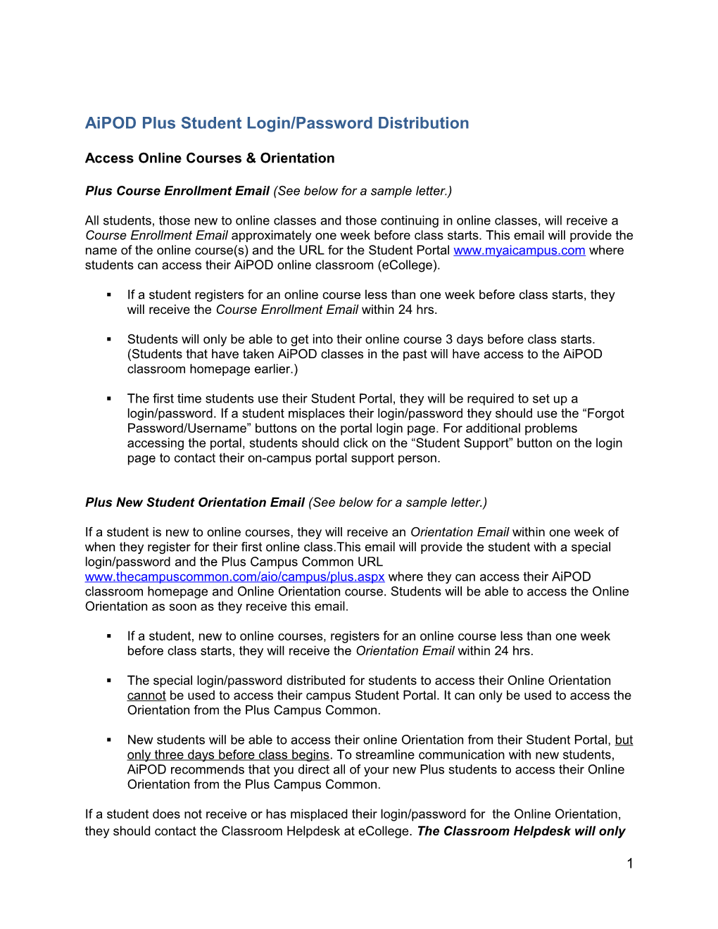 Aipod Plus Student Login/Password Distribution