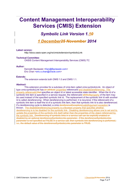 Content Management Interoperability Services (CMIS) Extension Symbolic Link Version 1.1