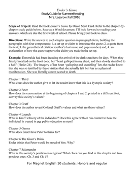 Ender S Game Study Guide for Summer Reading Assigned to Magnet English 10 Students Regular