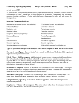 Evolutionary Psychology (Psych 459) Study Guide/Questions Exam 1 Spring 2012