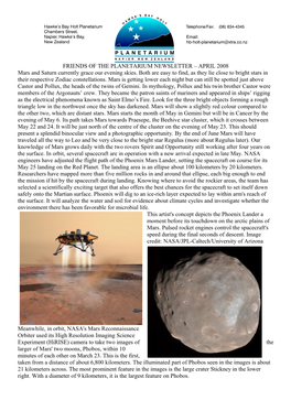 Friends of the Planetarium Newsletter April 2008