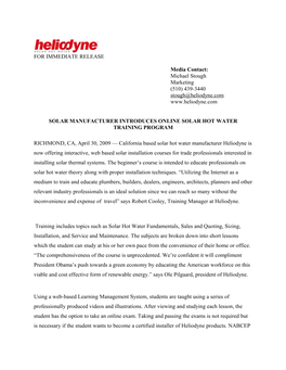 Heliodyne, Inc. April 30, 2009 Press Release