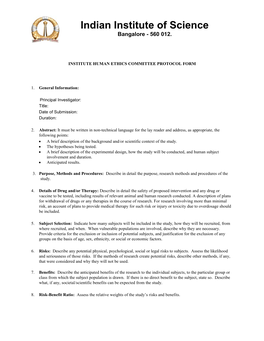 Institute Human Ethics Committee Protocol Form