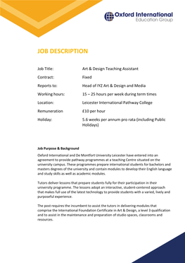 Job Title:Art & Design Teaching Assistant