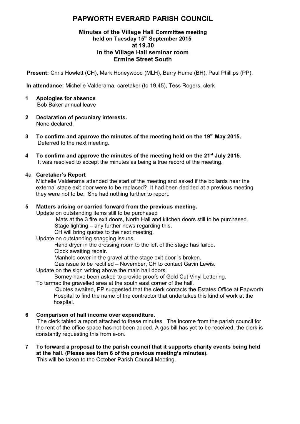 Minutes of the Village Hallcommittee Meeting
