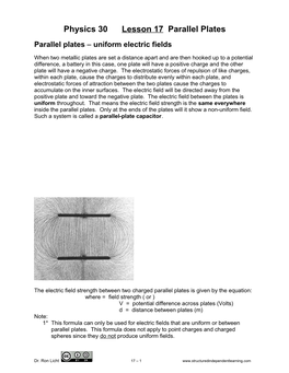 Physics 30 Lesson 17 Parallel Plates