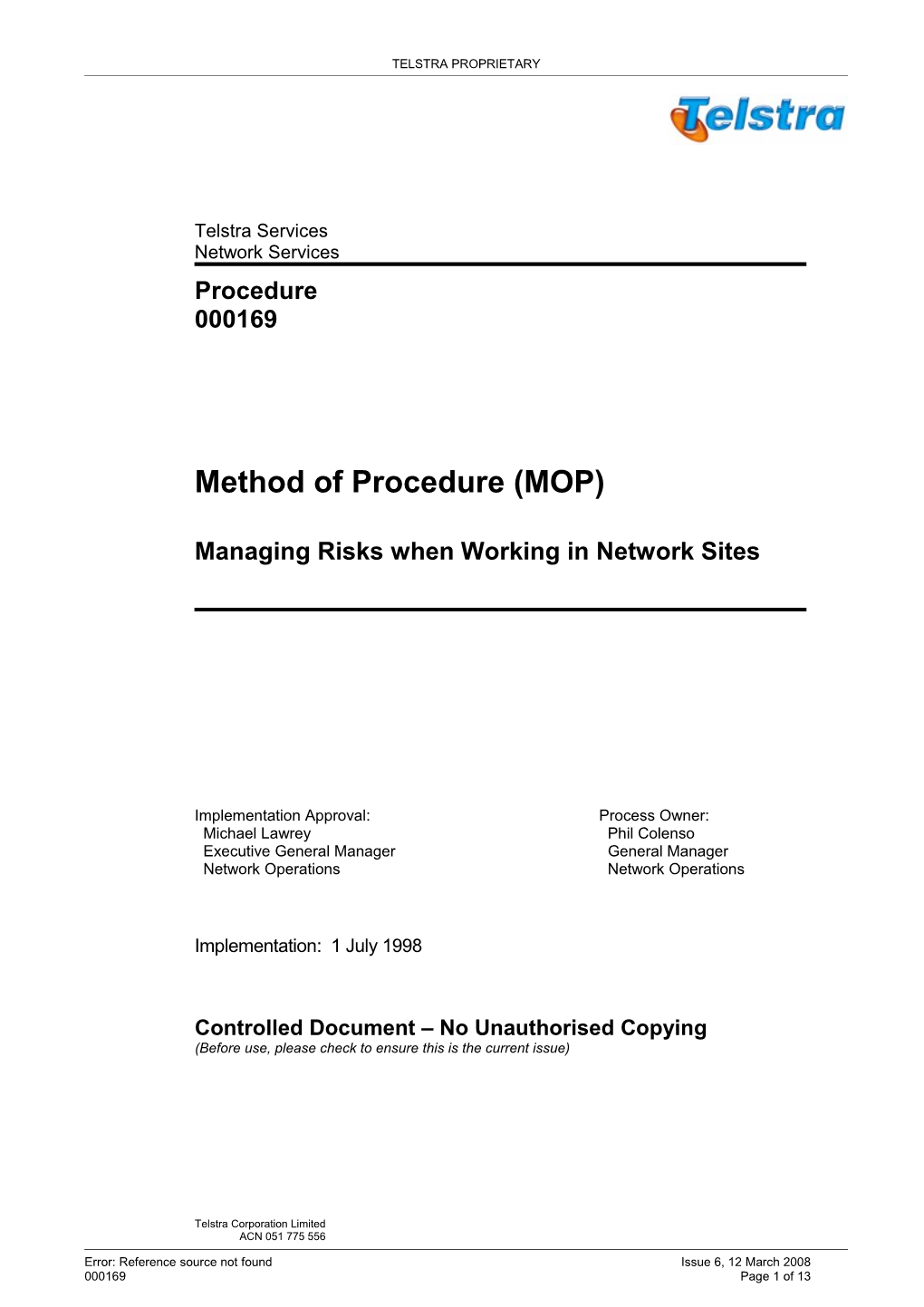 000169 Method of Procedure (MOP). 12/03/08-6