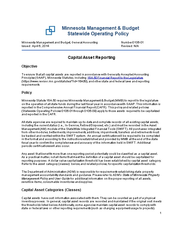 0106-01 Capital Asset Reporting Policy
