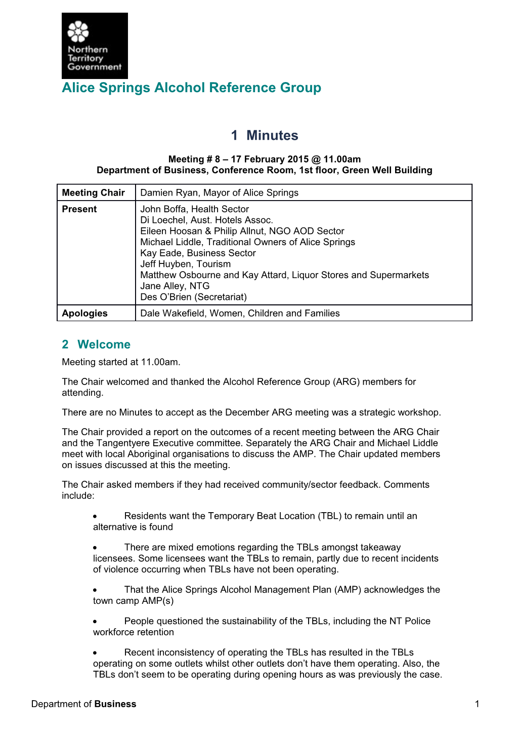 07 Alice Springs Alcohol Reference Group - Meeting 8 Minutes 17 February 2015
