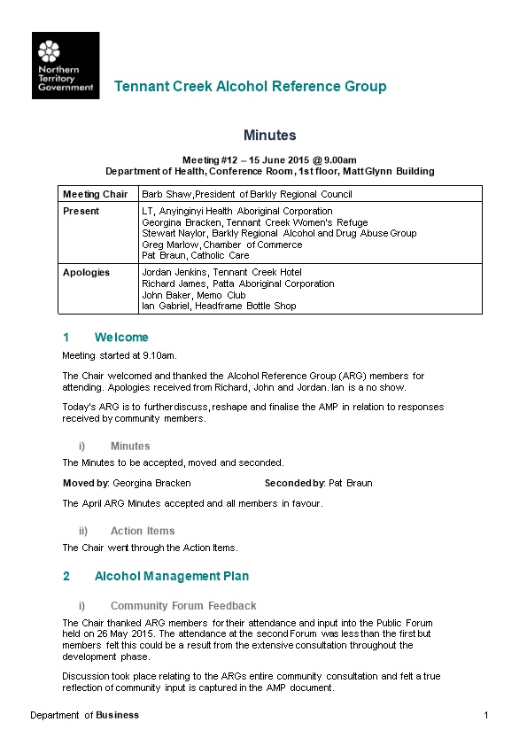 09 Tennant Creek Alcohol Reference Group - Meeting 12 Minutes 15 June 2015