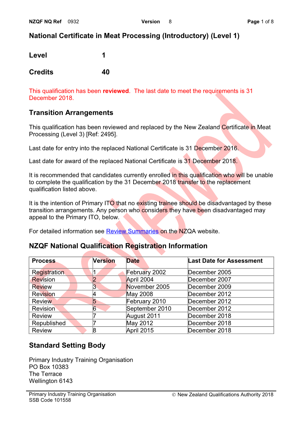 0932 National Certificate in Meat Processing (Introductory) (Level 1)