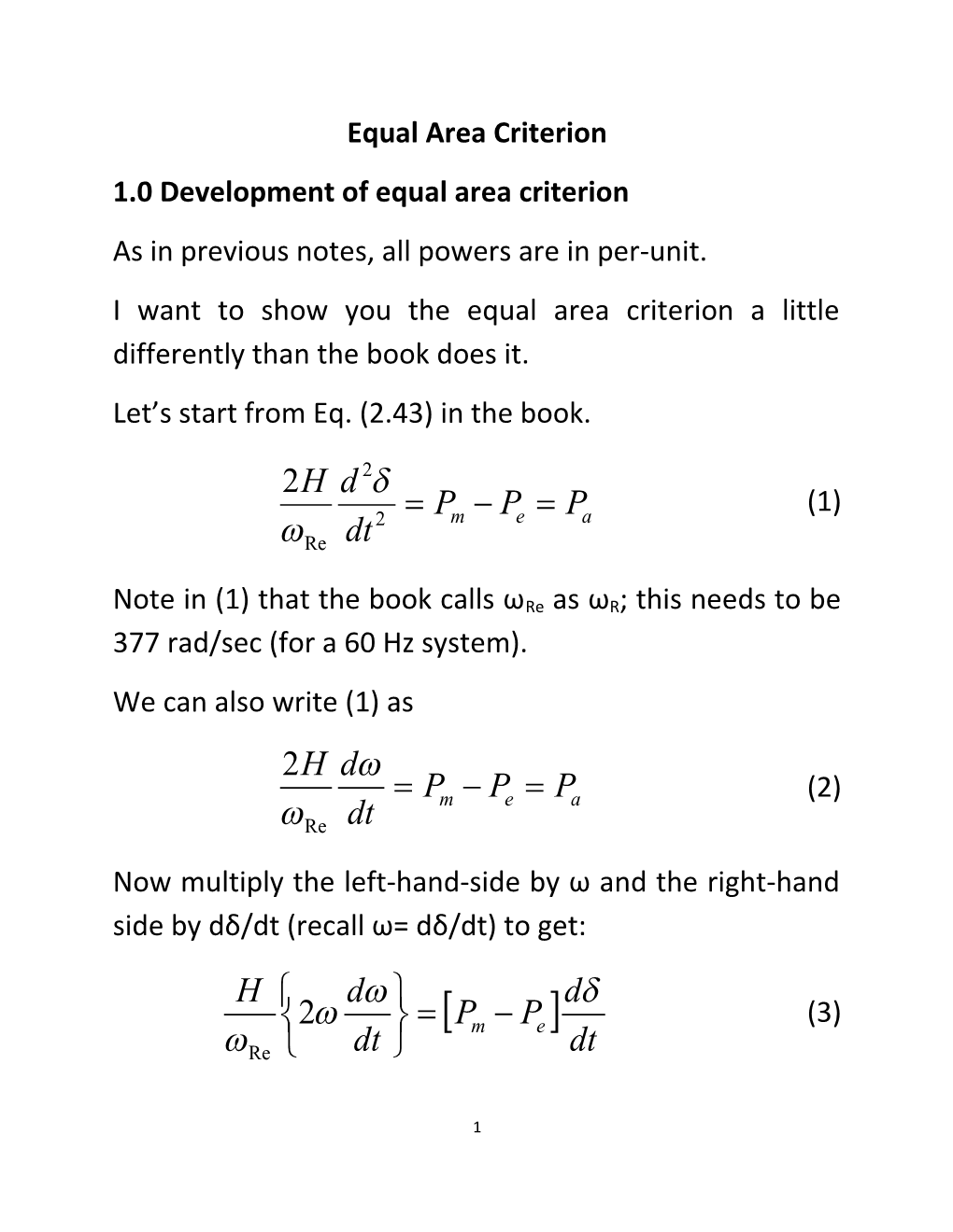 1.0 Development of Equal Area Criterion
