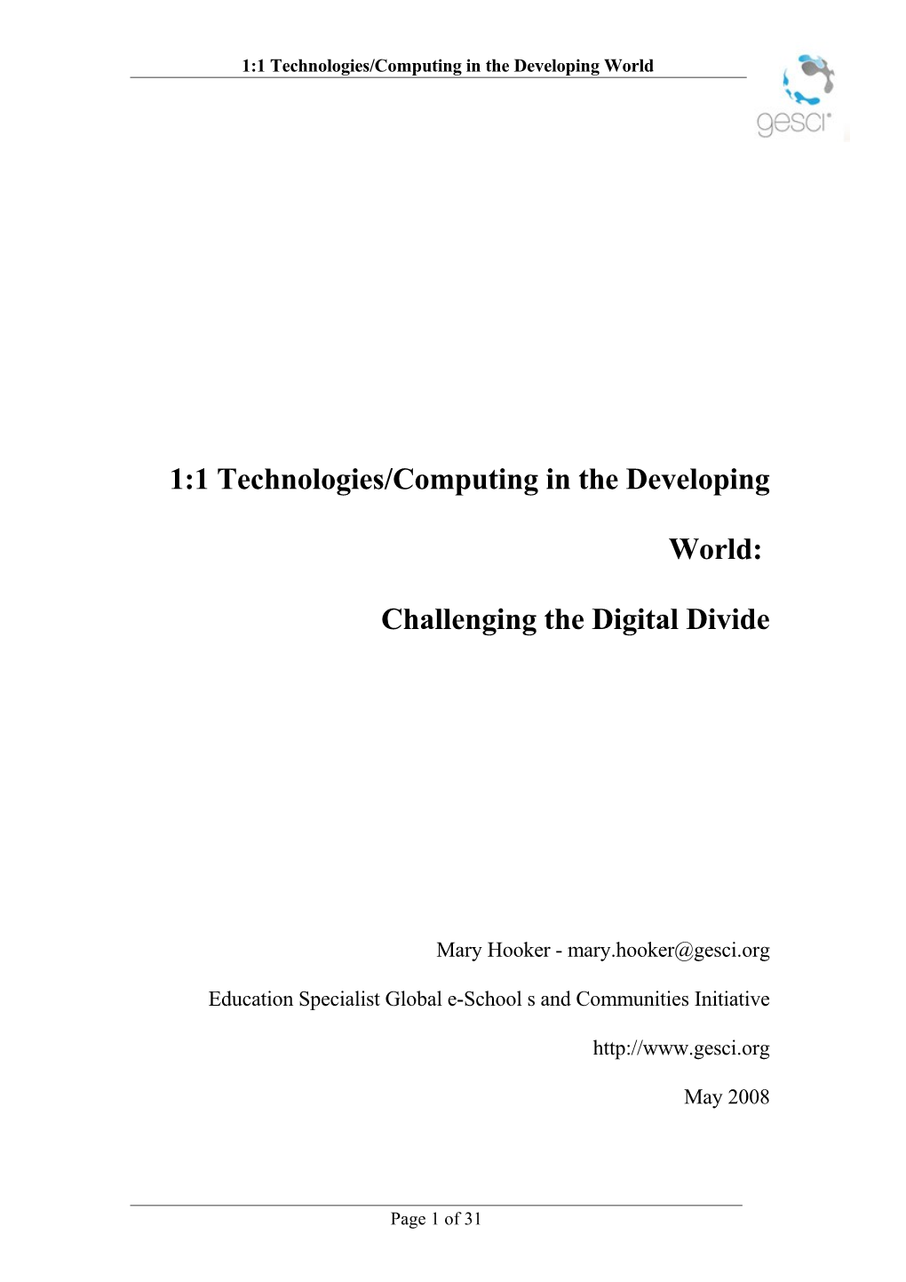 1:1 Technologies/Computing in the Developing World