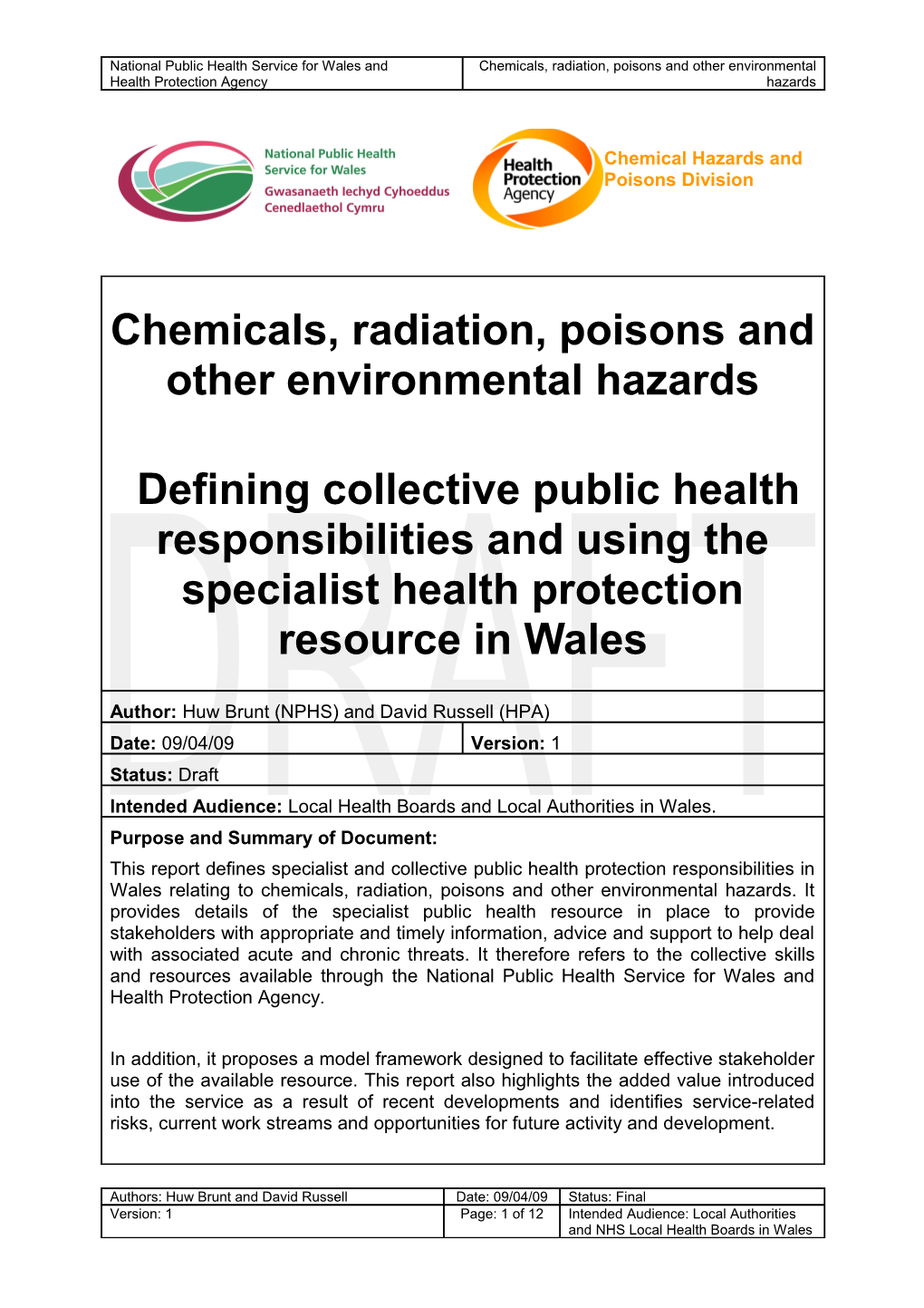 1.1 to Date, Specialist Public Health Protection Responsibilities Relating to Chemicals