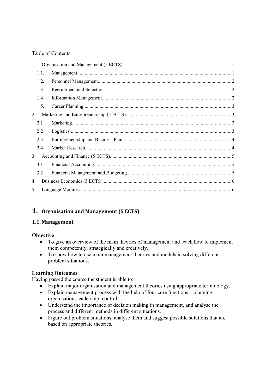 1.Organisation and Management (5 ECTS)