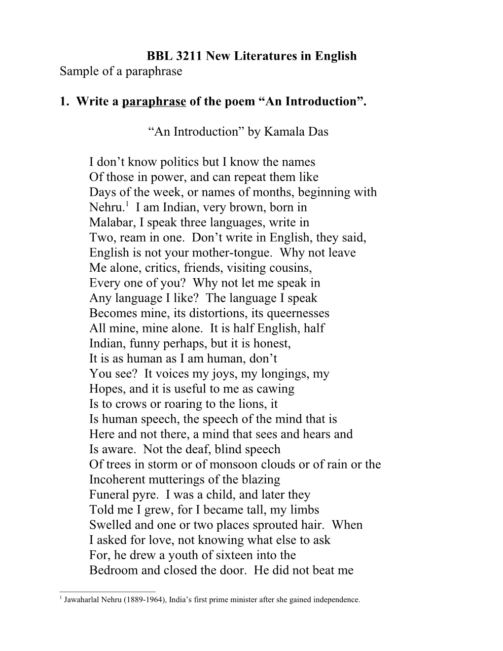 1. Write a Paraphrase of the Poem an Introduction