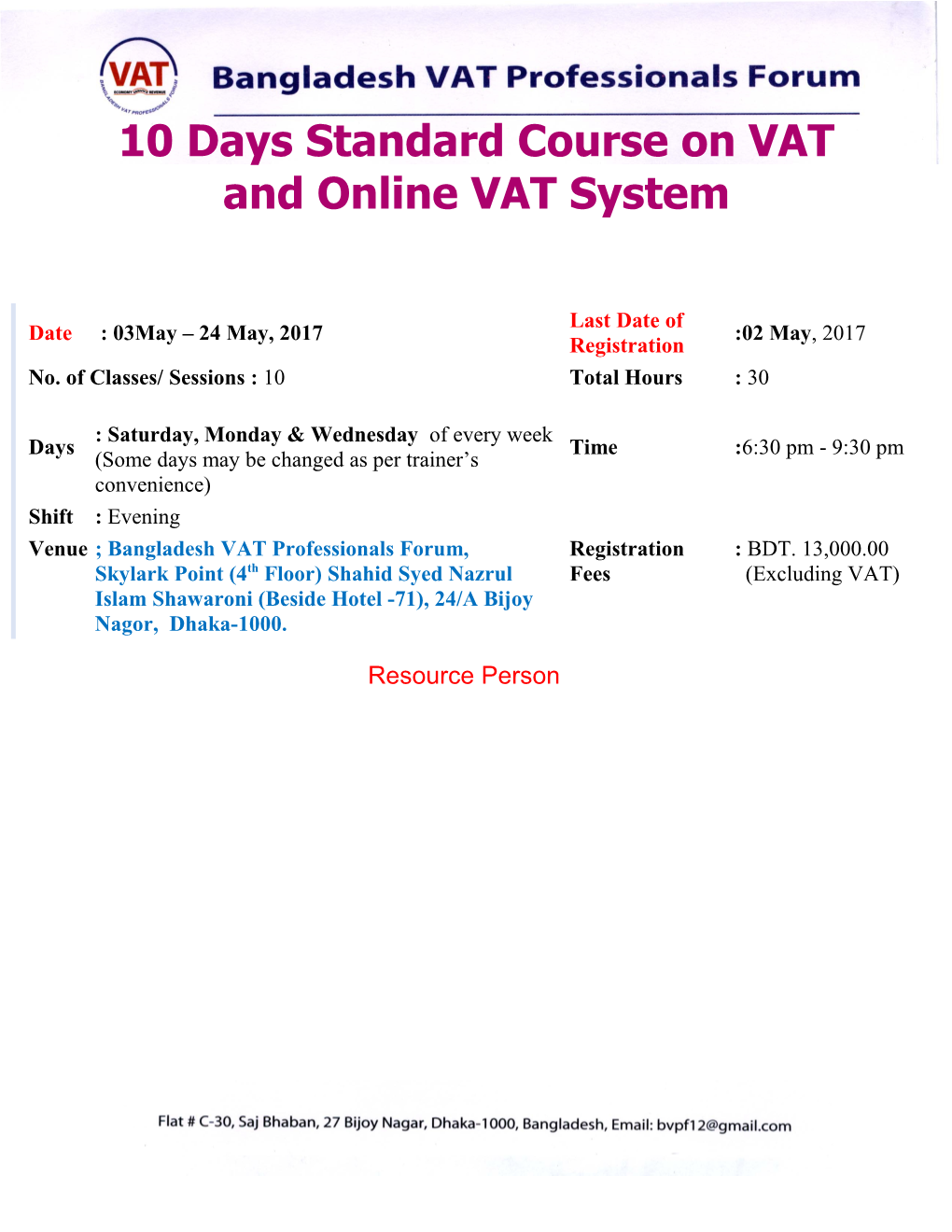 10 Days Standard Course on VAT and Online VAT System