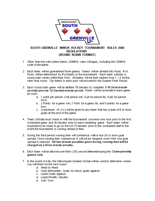 10 Team South Grenville Tournament Rules and Regulations for January 8Th and 9Th
