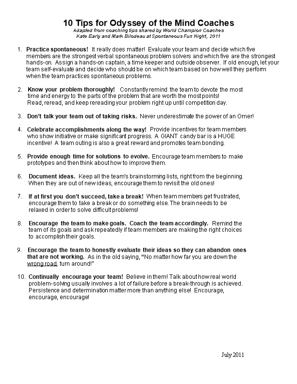 10 Tips for Odyssey of the Mind Coaches Adapted from Coaching Tips Shared by World Champion